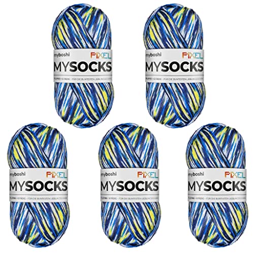 myboshi mysocks Pixel, 6-fädige Sockenwolle, strapazierfähig, Garn aus Schurwolle, filzfrei, 150g, Ll 390m Blau (Otis) 5 Knäuel von myboshi