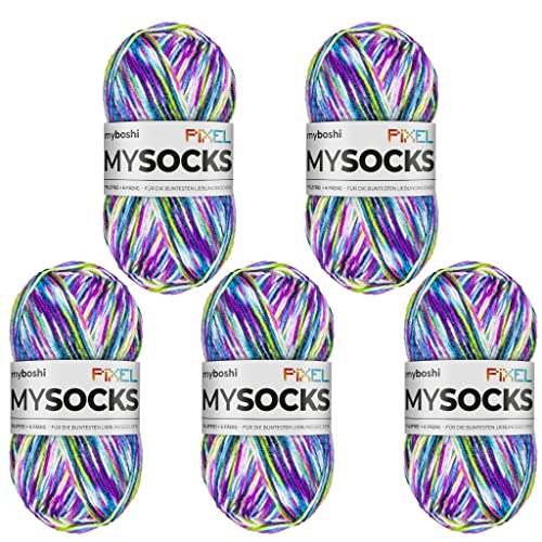 myboshi mysocks Pixel, 6-fädige Sockenwolle, strapazierfähig, Garn aus Schurwolle, filzfrei, 150g, Ll 390m Lila (Dotty) 5 Knäuel von myboshi