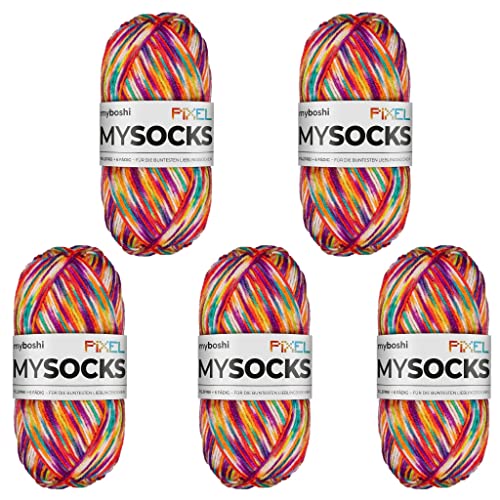 myboshi mysocks Pixel, 6-fädige Sockenwolle, strapazierfähig, Garn aus Schurwolle, filzfrei, 150g, Ll 390m Orange (Spark) 5 Knäuel von myboshi