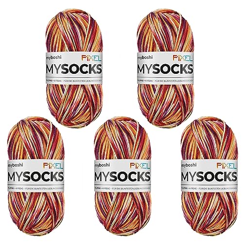 myboshi mysocks Pixel, 6-fädige Sockenwolle, strapazierfähig, Garn aus Schurwolle, filzfrei, 150g, Ll 390m Rot (Nesu) 5 Knäuel von myboshi