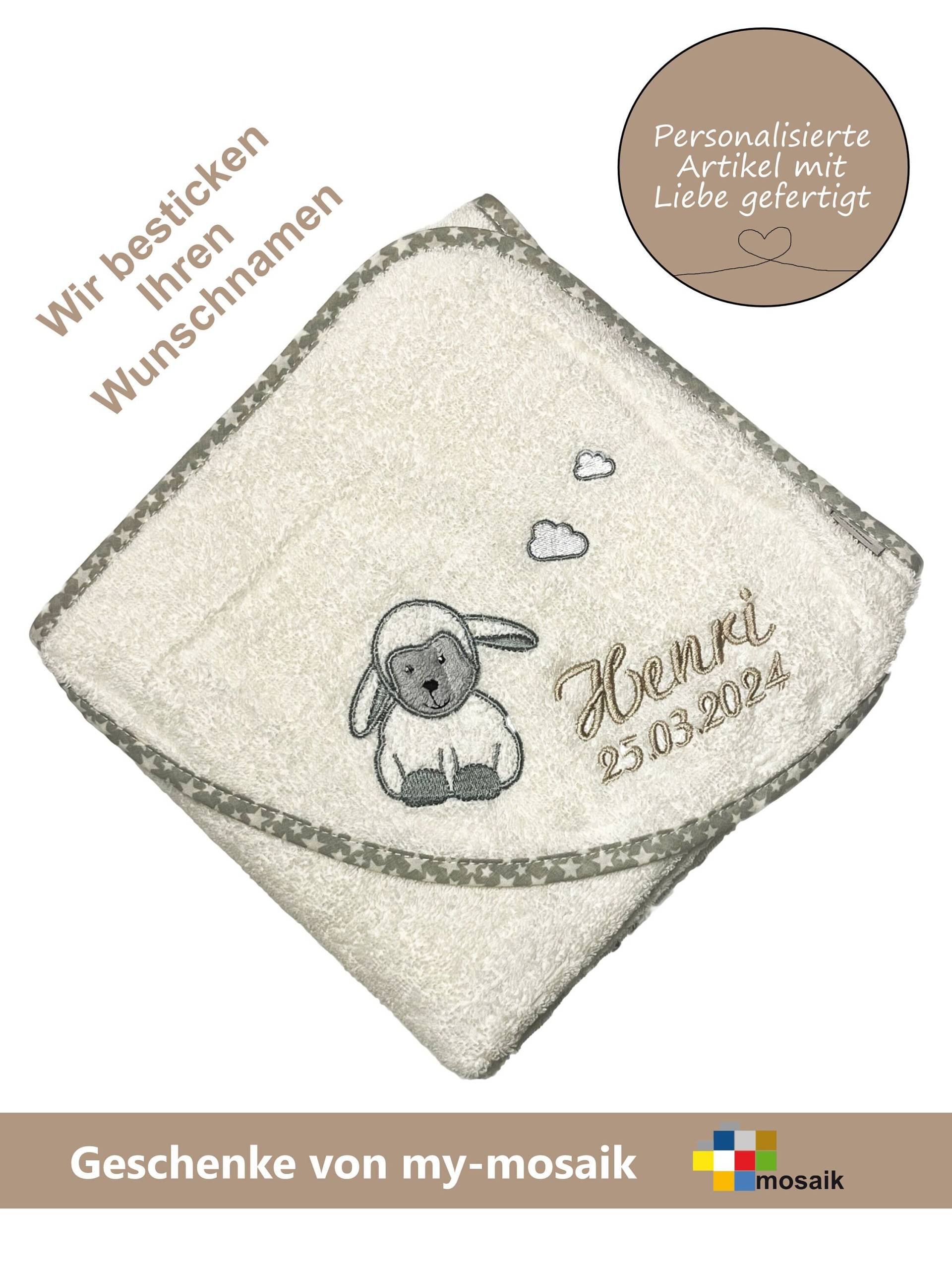 sterntaler Badetuch "stanley Ecru" 80x80cm Mit Namen-Personalisiertes - Ideales Geschenk Zur Geburt, Taufe, Weihnachten von mymosaik