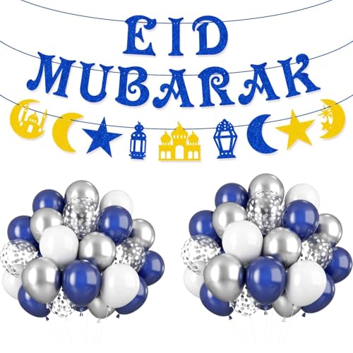 Eid Mubarak Dekorationen, Eid Mubarak Banner Wimpelkette mit Luftballons Dekorationen Set, Eid Dekor für Zuhause Ramadan Dekoration Umrah Mubarak Party Decor (Banner A) von mzoLife