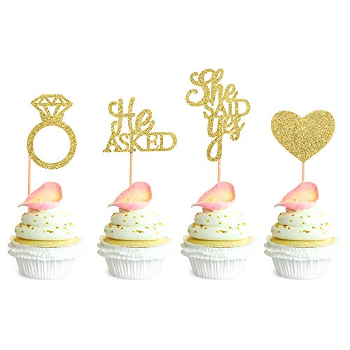 48 Stück Gold Glitter He Asked She Said Yes Cupcake Toppers Diamant Ring Herz Kuchen Picks für Hochzeit Verlobung Brautparty Kuchen Picks Junggesellinnenabschied Dekorationen, S von n / a