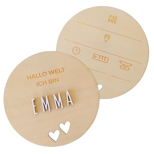 nagu® Baby Erstausstattung Neugeborene. Personalisierte Holztafel 'Hello World' mit Namen. Elegantes Unisex-Design. Baby Holzschild zur Geburtsankündigung und Fotoaufnahme. von nagu