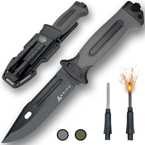 naifu® Survival Messer Feststehendes Jagdmesser 12,5CM aus Edelstahl (3CR13) – Rambo Messer Eingebautes Feuerzeug und Schärfer Bushcraft Messer Outdoor von naifu