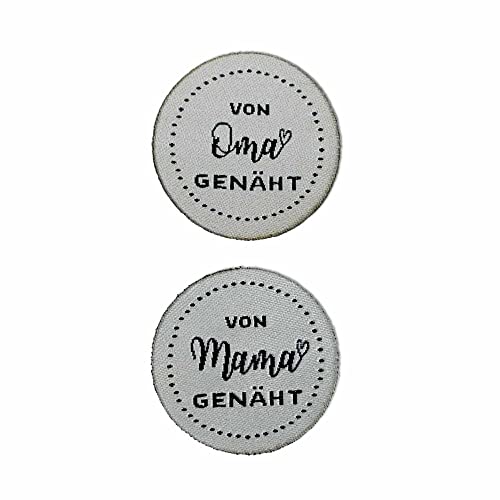 Bügeletiketten "von Oma genäht/von Mama genäht" - rund Aufschrift von Oma genäht, Menge 20 Stück / 8,10 € von namensbaender.de GmbH