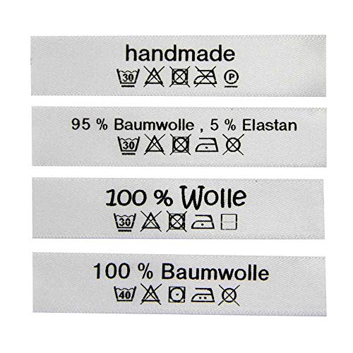 Pflegeetiketten mit Wasch- und Pflegesymbolen Menge 5 Stück / 1,70 €, Aufschrift 100% Wolle von namensbaender.de GmbH