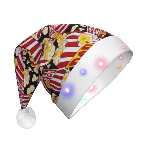 Popcorn-Druck, Unisex, Erwachsene, LED-Licht, Winter, Plüsch, Weihnachtsmannmütze für Weihnachtsfeier von nanger