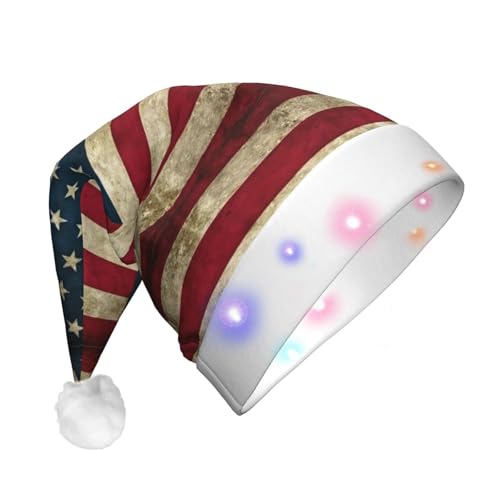 Weihnachtsmütze mit amerikanischer Flagge, Unisex, für Erwachsene, mit LED-Licht, Plüsch, Weihnachtsmannmütze von nanger