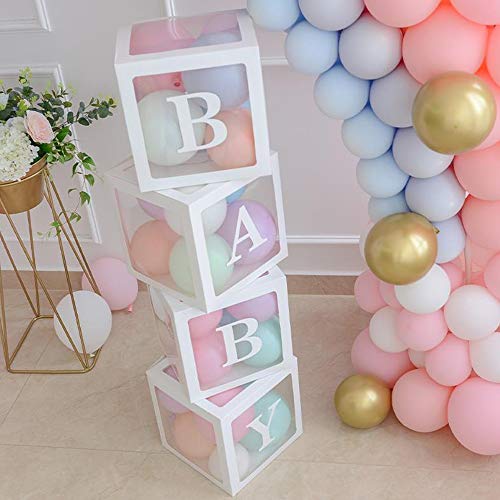 naosummy 4PCS Baby Boxen Party Dekoration for Baby Shower, Transparente Luftballon Boxen Baby Block Dekoration mit Buchstaben für Geschlecht enthüllen Partyjungen Mädchen (Weiß) von naosummy