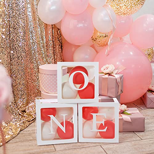 naosummy ONE Ballon Boxen zum Ersten Geburtstag für Party Dekorationen, 3PCS Transparente Baby Dusche Ballon Boxen Baby Block Dekoration mit ONE Buchstaben für Gender Reveal Party Boys Girls (Weiß) von naosummy