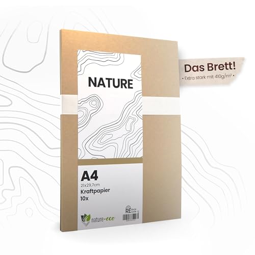 nature-eco 10 Blatt Kraftkarton -Das Brett- braunes Kraftpapier DIN A4 extra dick 410 g/m² als Bastelkarton oder Kreativkarton Papier Pappe oder stabiler Karton zum basteln von nature-eco