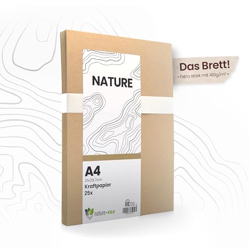 nature-eco 25 Blatt Kraftkarton -Das Brett- braunes Kraftpapier DIN A4 extra dick 410 g/m² als Bastelkarton oder Kreativkarton Papier Pappe oder stabiler Karton zum basteln von nature-eco