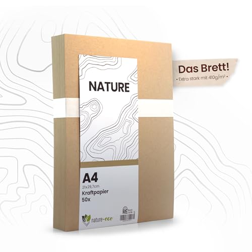 nature-eco 50 Blatt Kraftkarton -Das Brett- braunes Kraftpapier DIN A4 extra dick 410 g/m² als Bastelkarton oder Kreativkarton Papier Pappe oder stabiler Karton zum basteln von nature-eco