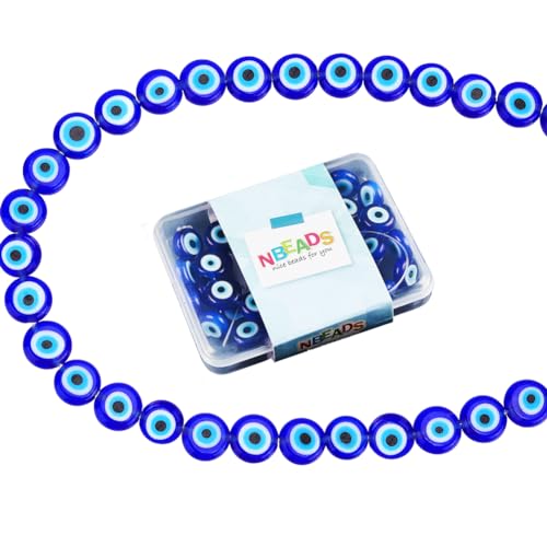 NBEADS 1 Strang (ca. 38 Stück) Blau flach rund Evil Eye Handarbeit Glas Lampwork Beads Charms Spacer Perlen für Armbänder Halskette Schmuck herstellen von nbeads