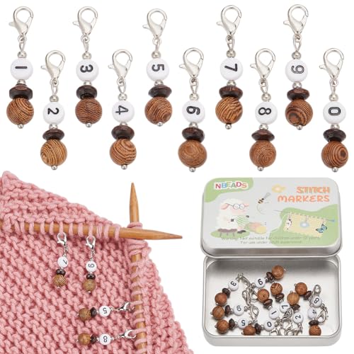 NBEADS 10 Stk. Nummer 0-9 Perlen Maschenmarkierer, Hölzerne Perle Häkeln Stitch Marker mit Hummerklauen-Verschluss Locking Stitch Marker Stricken Häkeln Zubehör zum Markieren von Richtungsangaben von nbeads