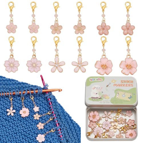 NBEADS 12 Stk. 6 Stile Blume Stitch Markers, Legierung Emaille Kirsche Häkeln Stitch Marker Verriegelung Maschenmarkierer mit Karabinerhaken Häkelzubehör zum Markieren von Richtungsangaben von nbeads