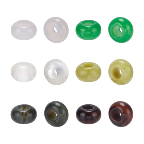 NBEADS 12 Stk. Großes Loch Edelstein Perlen, 6 Stile Europäische Steinperlen 14mm Natürliche Edelstein-Perlen Rondelle Großes Loch Lose Perlen für Schmuckherstellung, Loch: 6mm von nbeads