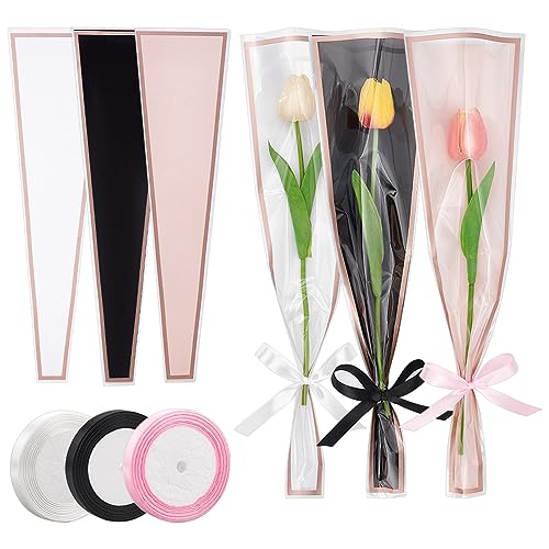 nbeads 150 STK. Plastik-Blumenstrauß-Taschen, Einzelne Blume Verpackung Taschen Blumenstrauß Hülse mit Polyester-Band für Florist Blumenstrauß Liefert Graduierung Hochzeit Valentinstag, 45,2x12,2cm von nbeads