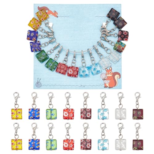 NBEADS 16 Stück Millefiori Glass Maschenmarkierer, Quadratischer Handgefertigter Stichmarker Abnehmbarer Karabinerverschluss Strickmarker Zum Stricken Weben Nähen Schmuckherstellung von nbeads