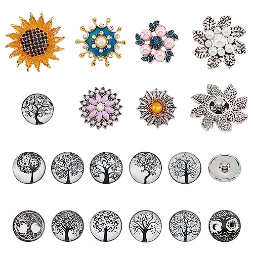 nbeads 18 Stück 7 Stile Legierung Druckknöpfe, Blume Form Strass Snap Charms mit Kunststoff-Imitat Perlen Glas flach Runde Knöpfe für Armband Armreifen Halskette Schmuck Machen von nbeads