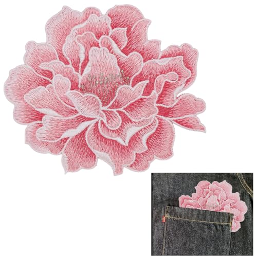 NBEADS 2 Stk. Pfingstrose Aufnähen Patches, Stickerei Blumen Patches DIY Gestickten Applikationen Blumenapplikationen für Kleidung Dekoration Reparatur Nähen Craft, Cerise, 12.1x14.4cm von nbeads