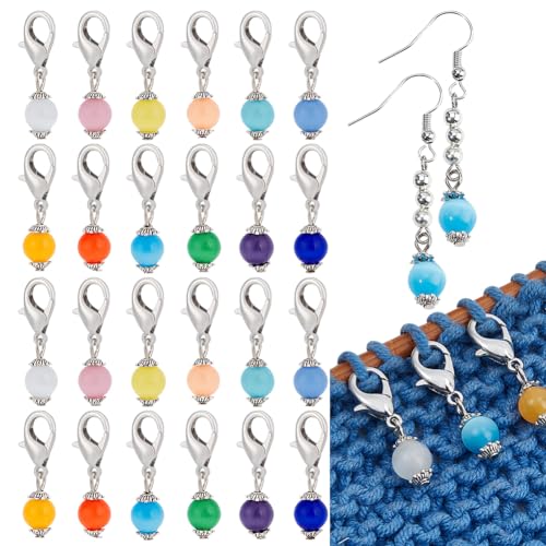 NBEADS 24 Stk. Katzenaugen-Perle Maschenmarkierer, 12 Farben Runde Glasperlen Häkeln Markierungen Edelstein Stich Marker Metall Stich Nadel Clip für Stricken Weben Nähen Zubehör Schmuckherstellung von nbeads