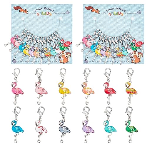 NBEADS 24 Stück Flamingo-Maschenmarkierer, Emaille-Legierung, Häkelstichmarkierer, Charms, abnehmbare Karabinerverschlüsse, Maschenmarkierer zum Stricken, Weben, Nähen, Schmuckherstellung von nbeads