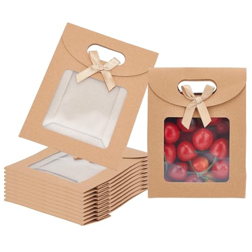 NBEADS 24 Stück Kraft Papiertüten, 11.9x6.15x15.7 cm Große Geschenktüte Mit Griffen, Braune Geschenktüte Mit Durchsichtigem Fenster Für Süßigkeiten Keksen Verpackung Hochzeit Weihnachten Party von nbeads