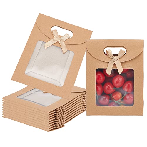 NBEADS 24 Stück Kraft Papiertüten, 11.9x6.15x15.7 cm Große Geschenktüte Mit Griffen, Braune Geschenktüte Mit Durchsichtigem Fenster Für Süßigkeiten Keksen Verpackung Hochzeit Weihnachten Party von nbeads