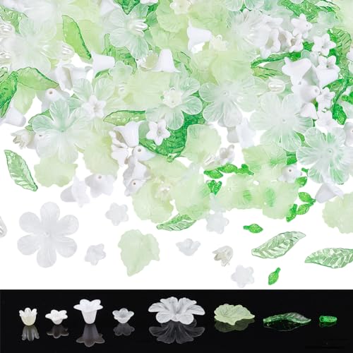 NBEADS 300 Stück Acryl-Perlen-Set, 1-2mm Loch Acryl Blumen- Und Blattperlen DIY Schmuck Perlenkappen ABS Kunststoff Perlen Für Armband Halskette Schmuckherstellung, Grün von nbeads