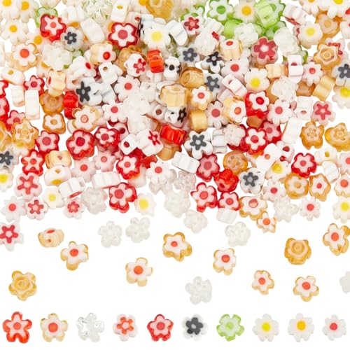 NBEADS 300 Stück Handgemachte Millefiori Blumenperlen, 10 Farben Mini Gänseblümchen Perlen Lampwork Glasperle Blume lose Abstandshalter Perle für DIY-Halskette Armband Ohrring Schmuck Machen von nbeads