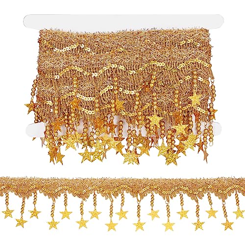 NBEADS 4,5 m Stern-Perlen-Bordüre, Stickerei-Spitzenborte mit Pailletten, Fransenspitze, glitzernde Quaste, Spitzenband zum Nähen, Basteln, Heim-Party-Dekoration, Goldenrod von nbeads