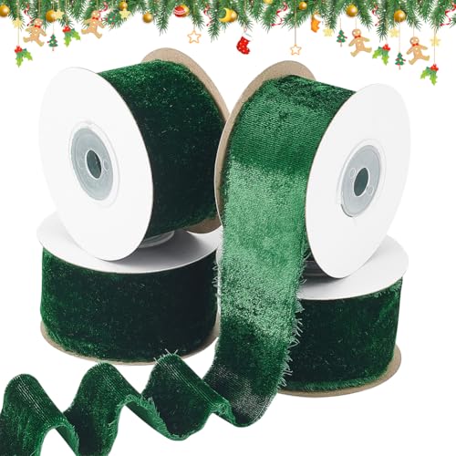 NBEADS 4 Rollen ca. 20m Seiden-Samtband, 4cm Handgefertigte Fransen Bänder Raw Edge Satinband mit Spule für Hochzeit Geschenkverpackung Haarschleifen Blume Arrangieren Home Decorating, Dunkelgrün von nbeads