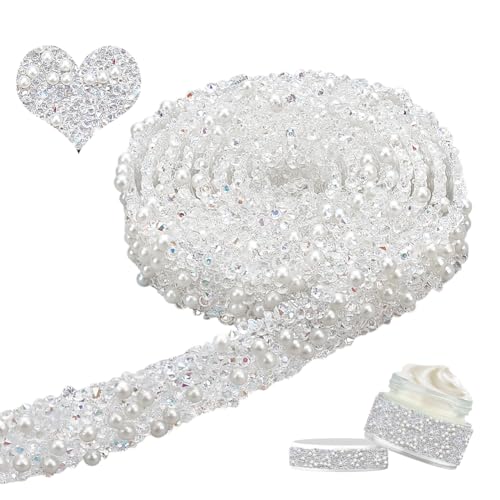 NBEADS 4 Yards Harz Perlen Kristall Strass Band, 1.4cm Breite Selbstklebende Strass-Bänder Perlen Band mit Hotfix Strassstein Braut Band Trim für Hochzeit Brautkleid Schuhe Telefon, Clear AB von nbeads