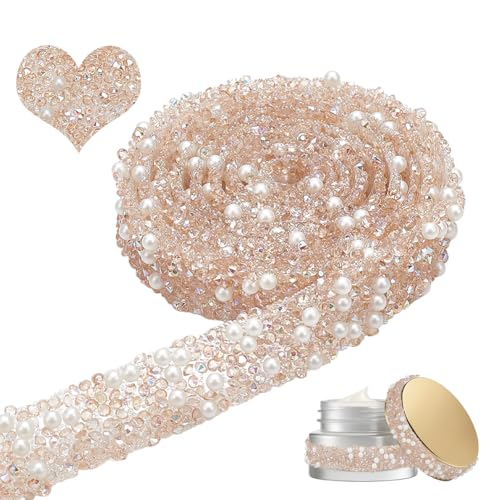 NBEADS 4 Yards Harz Perlen Kristall Strass Band, 1.4cm Breite Selbstklebende Strass-Bänder Perlen Band mit Hotfix Strassstein Braut Band Trim für Hochzeit Brautkleid Schuhe Telefon, Peachpuff von nbeads