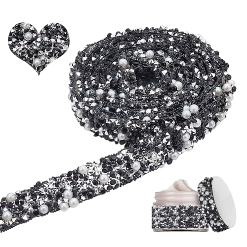 NBEADS 4 Yards Harz Perlen Kristall Strass Band, 1.4cm Breite Selbstklebende Strass-Bänder Perlen Band mit Hotfix Strassstein Braut Band Trim für Hochzeit Brautkleid Schuhe Telefon, Schwarz von nbeads