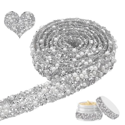 NBEADS 4 Yards Harz Perlen Kristall Strass Band, 1.4cm Breite Selbstklebende Strass-Bänder Perlen Band mit Hotfix Strassstein Braut Band Trim für Hochzeit Brautkleid Schuhe Telefon, Silber von nbeads