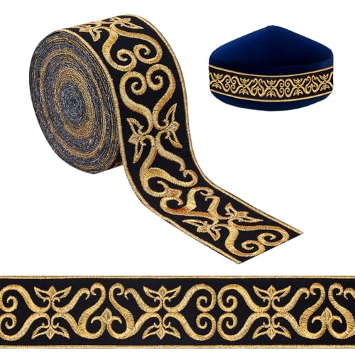 NBEADS 4.5m Schwarz Gold Jacquard-Farbband Trim, 4.85cm Breite Heißkleber Floral Trim Stickerei gewebtes Band Fransen Band Stoff Trim für Nähen Kleidung Home Decor Hochzeit Tasche Riemen von nbeads