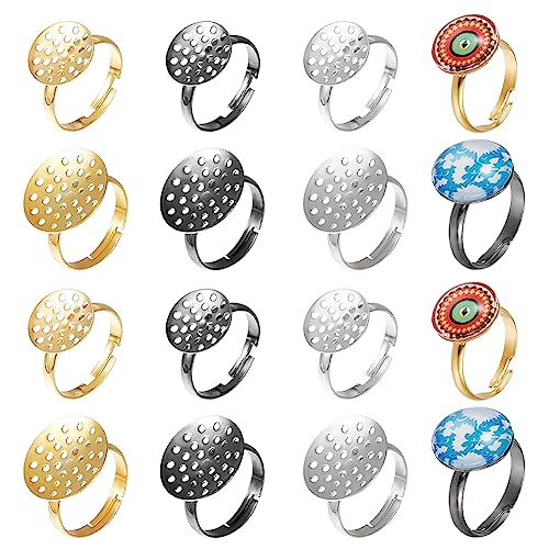 NBEADS 48 Stück 2 Größen Verstellbare Ringrohlinge, 14 mm/18 mm Finger Ring Komponenten Messing Ring Basis Blank Lünette Schmuck finden mit Sieb Ring Einstellungen für die Schmuckherstellung von nbeads