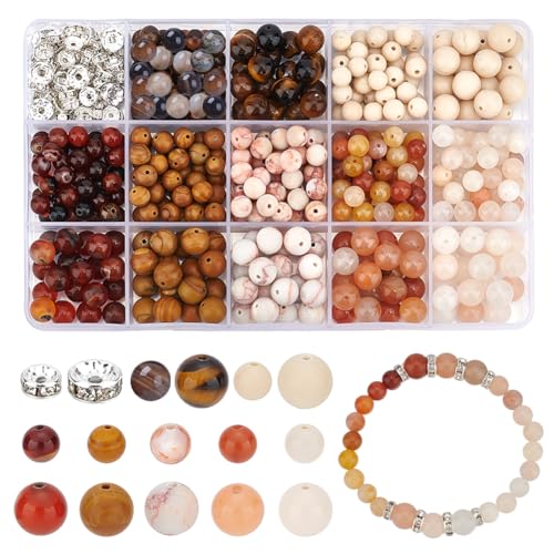 NBEADS 480 Stück Naturstein Perlen Kit, 6mm 8mm natürliche Edelsteinperlen Lose runde Steinperlen mit Messing Strass Abstandshalter Perlen für DIY Armbänder Halsketten Schmuckherstellung von nbeads