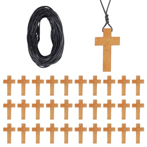 NBEADS 50 Stück Holzkreuz Anhänger, Mit 15m Gewachste Polyester Schnur Für DIY Kreuz Charms Natürliche Holzkreuz Party Handwerk DIY Schmuck Projekte Ostern Dekoration, 42x24.5x4mm von nbeads