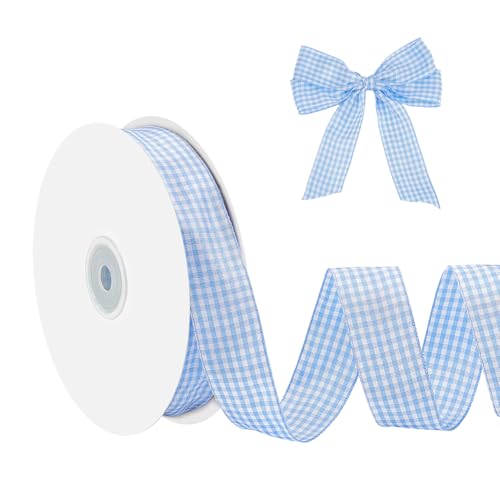 NBEADS 50 Yards Gingham Bänder, 2.5cm Kariertes Bänder 100% Polyester Gewebter Rand Kariertes Bänder Schottisches Bänder Zum Verpacken von Geschenken Party Dekoration, Licht Himmel Blau von nbeads