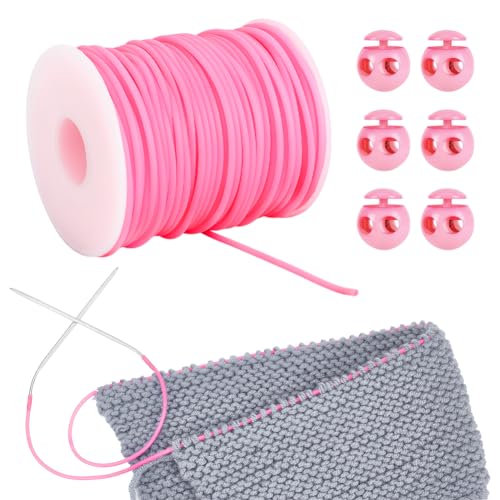 NBEADS 55 Yards Gummischnüre zum Nähen, 2mm Hohle Gummischlauch-Strickschnur Stitch Keeper mit Cord Locks zum Halten von Stichen Armband Halskette Sicken und Schmuck Machen, Heißes Rosa von nbeads