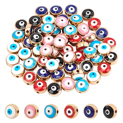 nbeads 60 Stück 7.5mm Acryl Emaille Evil Eye Perlen, 6 Farben Flache Runde Undurchsichtige Vergoldete Böse Augen Charms Spacer Perlen für DIY Halskette Armband Ohrring Schmuckherstellung Handwerk von nbeads