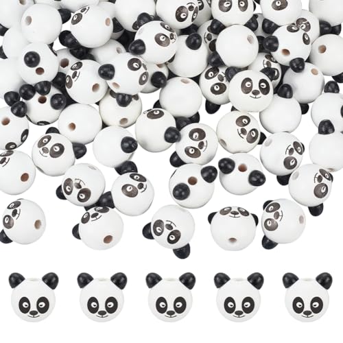 nbeads 72 Stück Panda Kopf Holzperlen, Niedliche Tier Holzperlen Europäische Perlen Druckmuster Natürliche Lose Holzperlen für DIY Halskette Armband Kunstprojekte, 2.4x2.85x2.45cm von nbeads