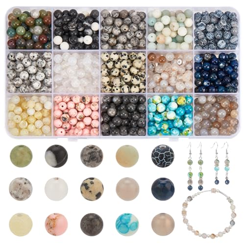 NBEADS 750 Stück 15 Stile Natürliche Runde Steinperlen, Gemischte Edelstein Perlen Kits 6mm Kristalle Edelstein Perlen Lose Spacer Perlen für Armband Halskette Ohrringe Schmuckherstellung, Loch: 1mm von nbeads