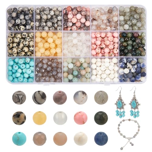 NBEADS 750 Stück Natürliche Runde Steinperlen, 15 Stile 6mm Gemischte Edelstein Perlen Kits Kristalle Edelstein Sicken Lose Spacer Perlen für Armband Halskette Ohrringe Schmuckherstellung, Loch: 1mm von nbeads