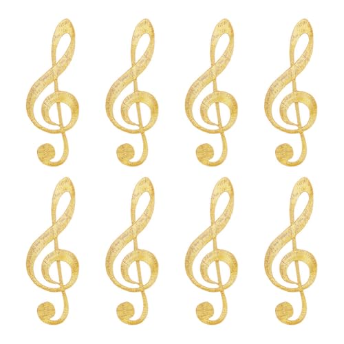 NBEADS 8 Stk. Musik Noten Gesticktes Applique Patch, Gold Gestickter Bügelaufnäher Reparaturaufnäher für Kleidung Rucksäcke Jeans Mützen, 9.8x3.35cm von nbeads