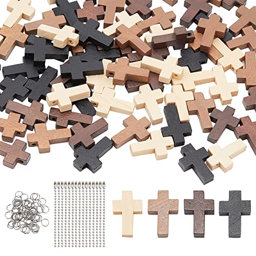 nbeads 80 Stück Holzkreuz-Anhänger Set, 4 Farben Holz Kreuz Charms mit Edelstahlringen und Kugelketten für Osterfeier Basteln Armband Halskette Schmuck Herstellung, Loch: 1.8 mm von nbeads